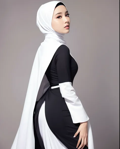 a woman in a long sleeves jubba thobbe posing for a picture, ((white hijab)), middle body shot, full body photoshoot, tight attire, product shoot, black clothes body, posed in profile, side pose, mid body shot, asian women, side profile waist up portrait