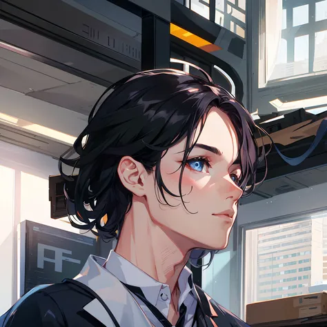 high resolution, extremely high quality, illustration, super detalhado, (Rosto detalhado), (Olhos detalhados), A handsome young Chinese man in a black suit in a luxurious office, In front of a floor-to-ceiling window with views out,