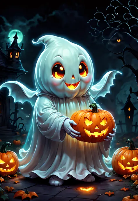 digital art of an adorable ghost, glowing within, holding a heart shaped pumpkin, Halloween, high quality, masterpiece, 8k, super cute, sticker