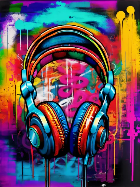 Graffiti art of a pair of headphones with rainbow background, Fones de ouvido DJ Rave, music is life, vibing to music, headphones on head, com fones de ouvido, Gotejamento HD colorido, Fones de ouvido ligados, estilo grafite, phonk music background, music ...