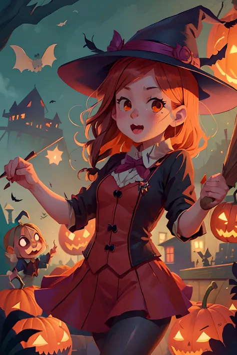 young cute witches and young cute wizards dance on halloween night. halloween pumpkins, lanterns, fireworks, bats, owls, medieva...