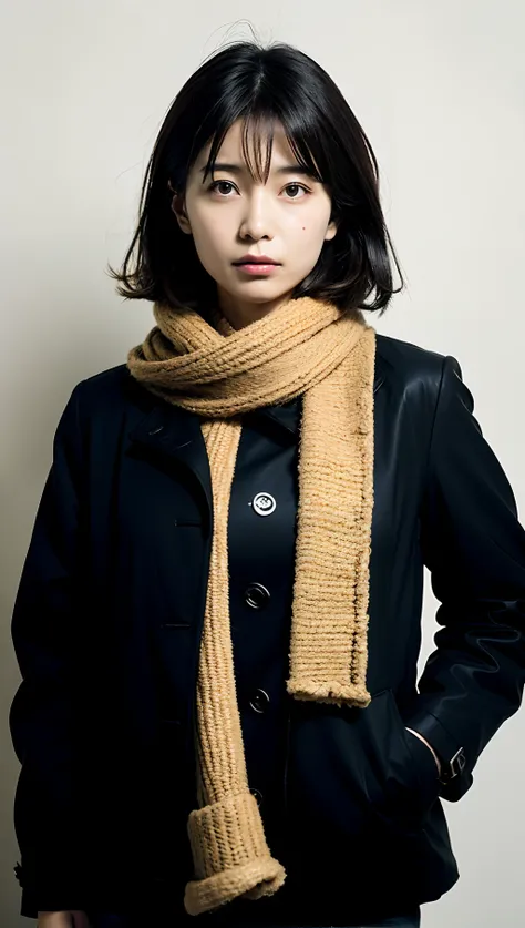 Woman in Alafe posing in black jacket and scarf, 奈良美智, The artist looks Yokoyama, natsumi mukai artwrok, official artwork, harumi, chiho, nishimiya shouko, Yuka Kazami, Yasumoto Oka, nishihara isao, Chiho Ashishima