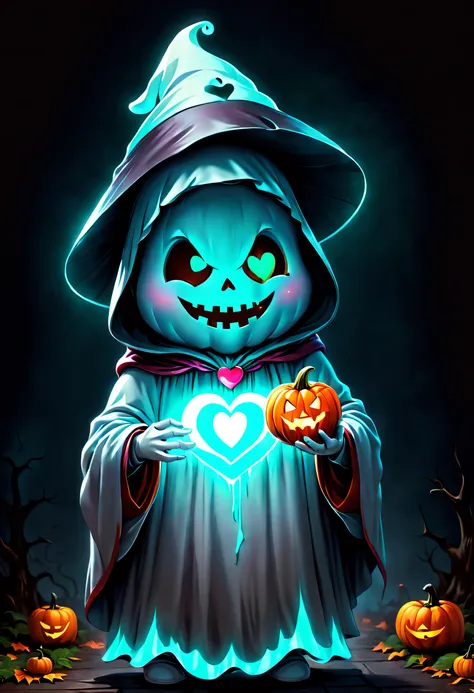 digital art of an adorable ghost, glowing within, holding a heart shaped pumpkin, halloween, high quality, masterpiece, 8k, supe...