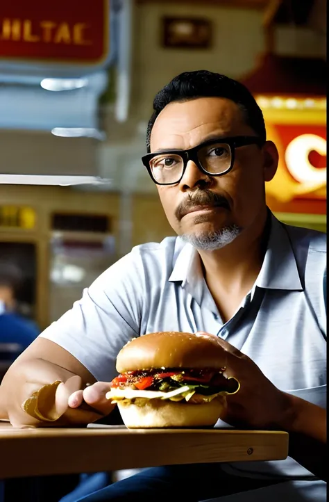 guttonerdvision10, A high-resolution, chiaroscuro-lit photograph for a diner magazine cover, featuring a man wearing glasses in 70s diner staff attire, showing off a complete hamburger. The primary focus of the photograph is on the hamburger, with the rest...