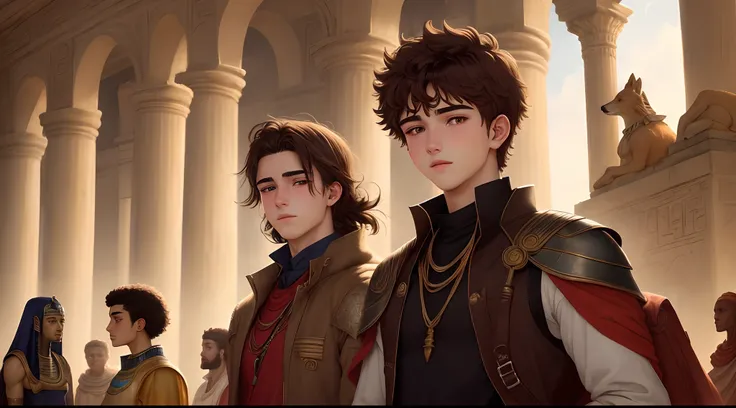 A 16-year-old boy, Sable brown hair, yeux rouge, queue et oreilles de renard, Ancient Egyptian with the god Seth in the background