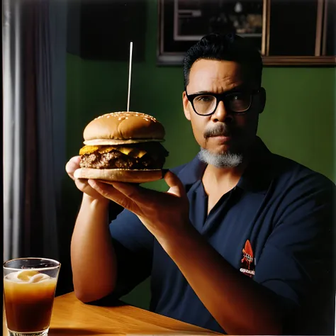 guttonerdvision10, A high-resolution, chiaroscuro-lit photograph for a diner magazine cover, featuring a man wearing glasses in 70s diner staff attire, showing off a complete hamburger. The primary focus of the photograph is on the hamburger, with the rest...