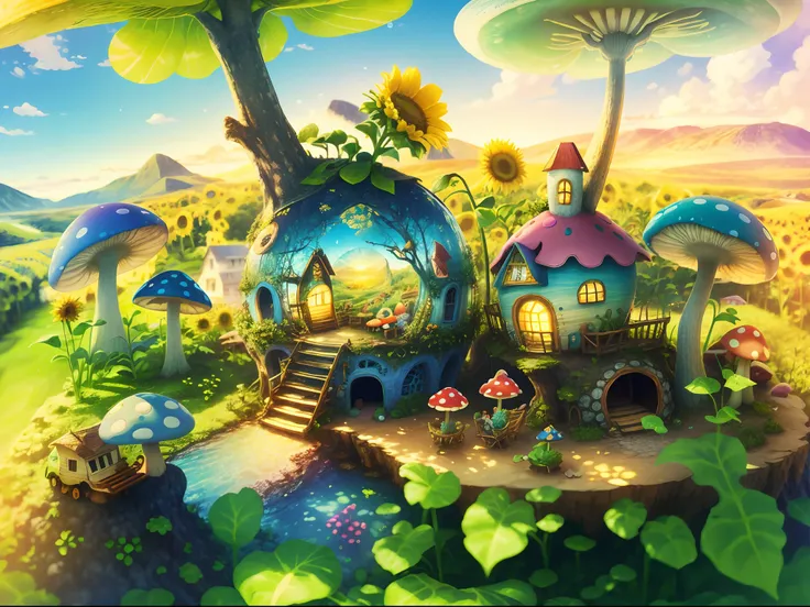 World in a bottle，A fairyland-like hideaway，Colorful mushroom house，a fairy world，summer day，beachside，rios，tree house，Sunflower fields，lavender，mountain ranges，mountain peaks，big trees，