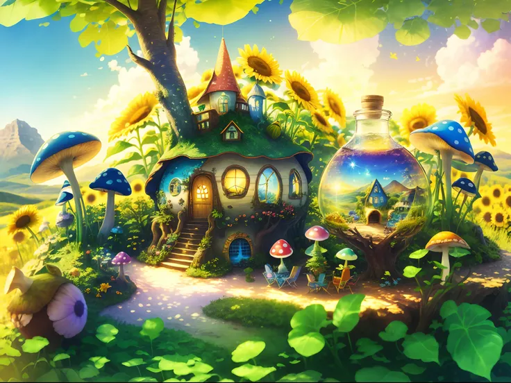 World in a bottle，A fairyland-like hideaway，Colorful mushroom house，a fairy world，summer day，beachside，rios，tree house，Sunflower fields，lavender，mountain ranges，mountain peaks，big trees，