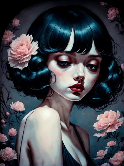 chiaroscuro technique on sensual illustration of an elegant girl, loli, vintage, eerie, matte painting, by Hannah Dale, by Harumi Hironaka, extremely soft colors, vibrant, highly detailed, digital illustrations , high contrast, dramatic, refined, tonal, fa...