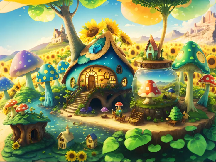 World in a bottle，A fairyland-like hideaway，Colorful mushroom house，a fairy world，summer day，beachside，rios，tree house，Sunflower fields，lavender，mountain ranges，mountain peaks，big trees，