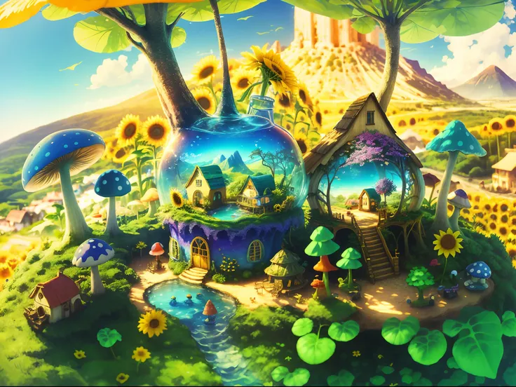 World in a bottle，A fairyland-like hideaway，Colorful mushroom house，a fairy world，summer day，beachside，rios，tree house，Sunflower fields，lavender，mountain ranges，mountain peaks，big trees，