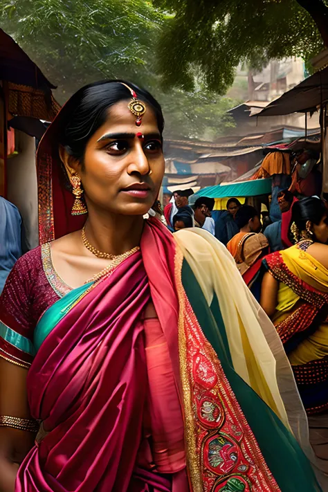 ultrarealistic photography, incredible detailing, fabulous image, 30 years old indian woman, wearing ordinary saree laced blouse petticoat, purchasing in market, intricate face detailing, hyperrealistic crowded market place detailing, roofs of the shops ar...