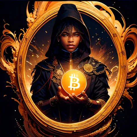 official art, unity 8k wallpaper, ultra detailed, beautiful and aesthetic Blackman holding bitcoin, High quality, beautiful, masterpiece, best quality, (zentangle, mandala, tangle, entangle:0.6),