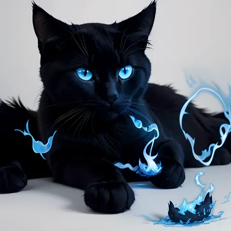 A black cat with tender eyes with its paw on a corpse with blue flames behind it on a white background