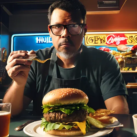 guttonerdvision10, A high-resolution, chiaroscuro-lit photograph for a diner magazine cover, featuring a man wearing glasses in 70s diner staff attire, showing off a complete hamburger. The primary focus of the photograph is on the hamburger, with the rest...