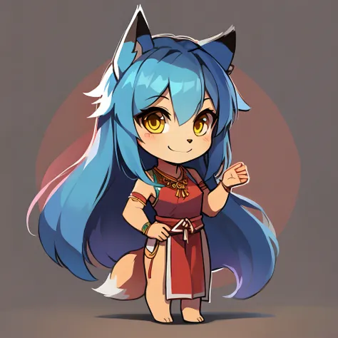 Fox ears, half long hair, blue hair, yellow eyes, indonesian traditional outfit, smile, chibi