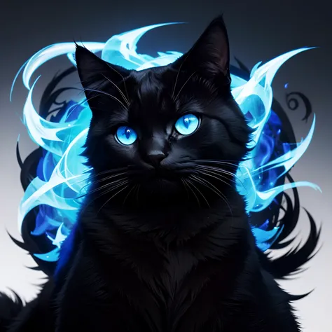 A black cat with tender eyes with its paw on a skull with blue flames behind it on a white background