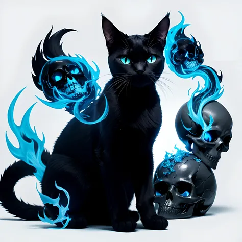 A black cat with tender eyes playing with a skull with blue flames behind him on a white background