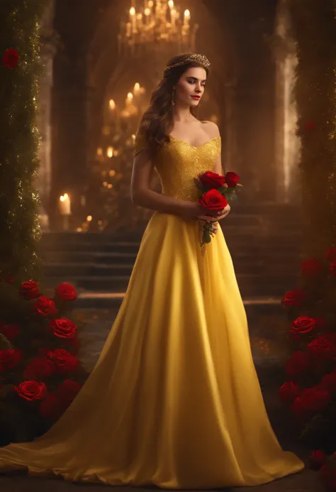 realistic image, princess bella, western face, full body, brown hair, yellow dress, holding a red rose, and lots of glitter, inside a castle, UHD quality, 8k resolution, HW