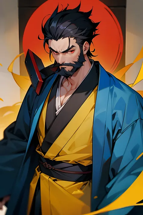 1boy, old, blue and yellow kimono, black beard, red eyes, serious, slim, short black hair,