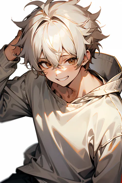 1boy, white messy hair, brown eyes, white sweater, crazy, grin, slim