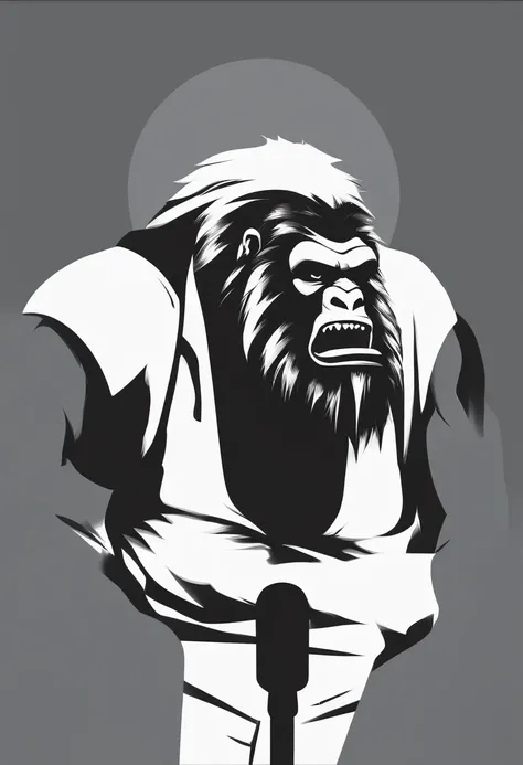 black bigfoot, half body, arms crossed holding microphone, angry