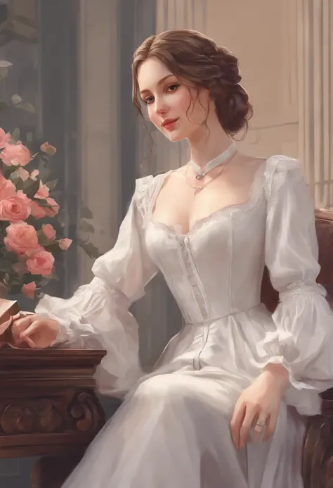 Florence Nightingale, (ballet clothes), sitting in a chair, smiling at the camera, white formal shirt, loose collar buttons, nipple bumps, long loose hair, (delicate illustrations: 1.4), (Renaissance art: 1.4), (ultra high resolution: 1.2), (photorealism: ...