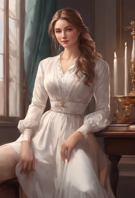 Florence Nightingale, (ballet clothes), sitting in a chair, smiling at the camera, white formal shirt, loose collar buttons, nipple bumps, long loose hair, (delicate illustrations: 1.4), (Renaissance art: 1.4), (ultra high resolution: 1.2), (photorealism: ...