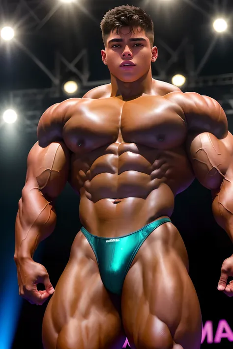 (Dark boy) A teen in the bodybuilding competition, on stage with others bodybuilders at his sides of 15 years old (Mexican ethnicity) wearing a tiny thong (metallic color: brown thong) tan skin massive muscular bodybuilder with extraordinary biceps pectora...