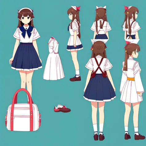 Reference sheet for a cute 15 years old japaneese girl, drawn in anime style, futuristic, Y2K aesthetic, sci-fi, jade green eyes, long brown hair, White hair ribbon, small breast, white and blue futuristic sailor lolita dress with puffy sleeves, Red bowtie...