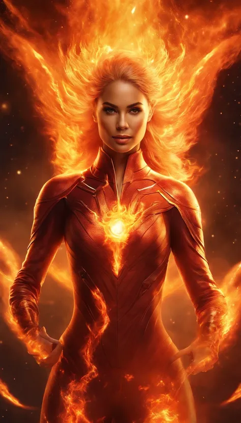 A female fire elemental that looks like The Human Torch flying through space, using flames to combat a star fighter ship.