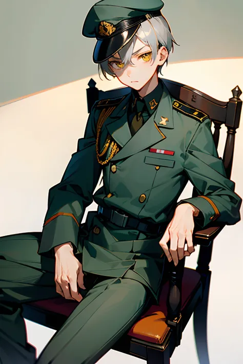 1boy, adult, slim, old military uniform, military cap, serious, sitting on chair, short silver hair, yellow eyes