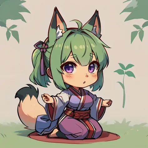 Fox ears, green hair, pig tail hairstyle, purple ryes, kuudere, fullbody, korean traditional outfit, chibi, human nose