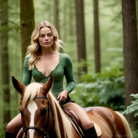 blond woman in green dress riding a horse in the woods, margot robbie, portrait of margot robbie, photo of margot robbie, margot robbie portrait, margot robbie in gta v, galloping through the forest, on a horse, riding horse, margot robbie as a greek godde...