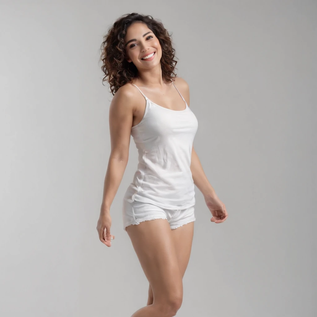 (Photo: 1.3) af (realism: 1.3), (Hispanic), Latina roman full body profile picture, soft light, clear face, happy, cheerful, warm light, white T-shirt, (off-white background), (blank background), (gray wall background)) avatar, (curly hair), smile, beautif...