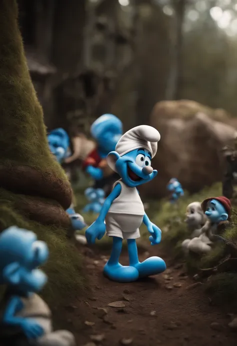 Disney movie cover, zombies, smurfs, village, chaos