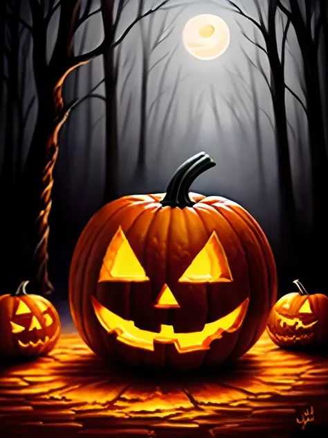 (high quality,ultra-detailed,oil painting:1.1),Jack-o-lantern,abstract,carved pumpkin,glowing eyes,mysterious,haunting,spooky atmosphere,vibrant colors,shadows and highlights,atmospheric lighting