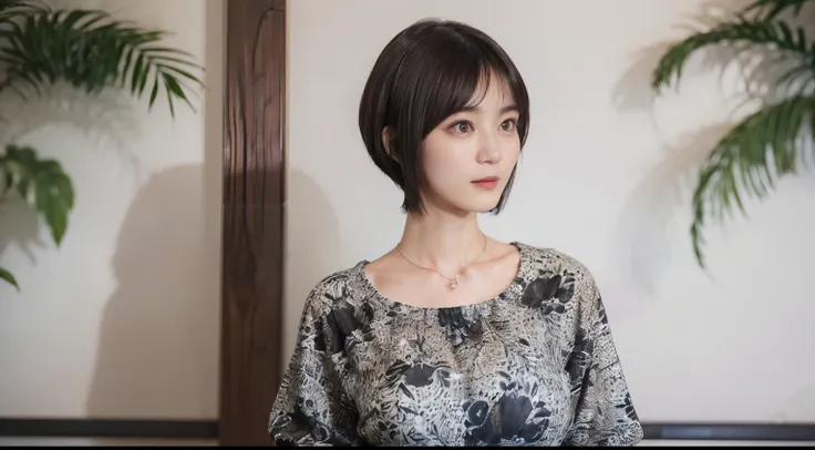 60
(a 20 yo woman,is standing), (A hyper-realistic), (masutepiece), ((A dark-haired、short-hair:1.3)), (Breast), Gentle expression, (Clothing printed with wild animal characters)