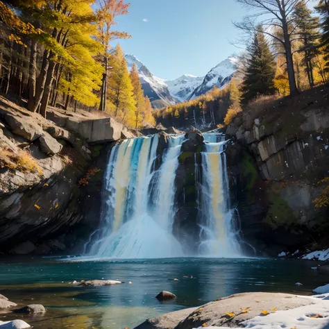 Create a high-quality image with advanced levels of detail in a cinematic style. The scene should depict a beautiful blue glacial waterfall flowing between two snow-capped mountains, with trees featuring their autumn yellow leaves, and in the background, a...