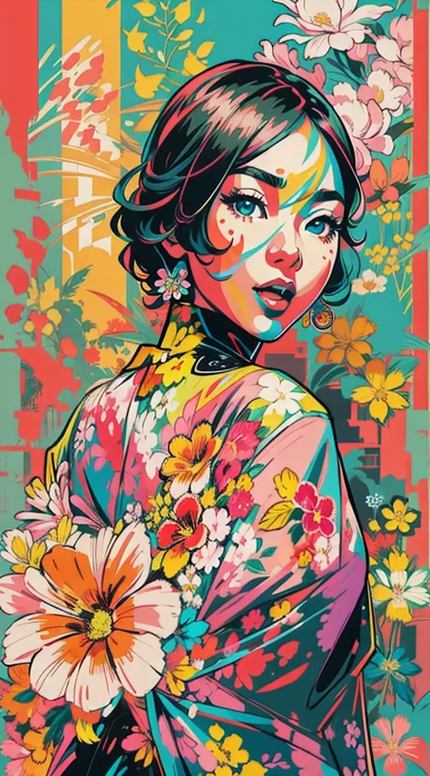 Create digital artwork in the Pop Art style, Featuring a vibrant and confident young Asian girl，street fashion, Movie color scheme, Surrounded by vintage flower motifs, Vibrant brushstrokes,Emotions should be dynamic, Upper body, Drawing, illustration, esc...