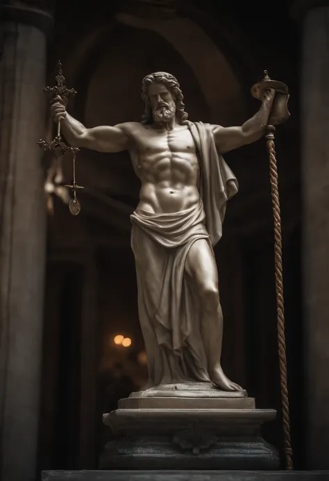 imagem de um deus grego, estatua, musculoso, careca e barbudo, semblante sereno