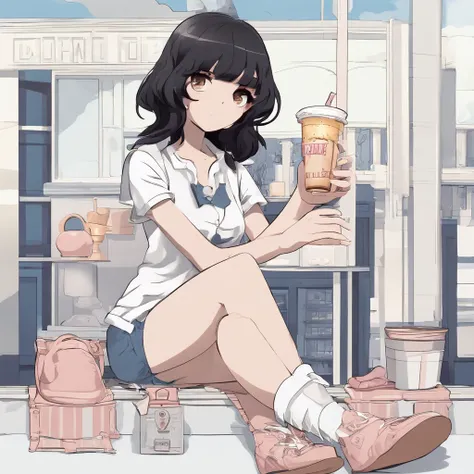 1girl, loli, chibi, simple background, white background, full body, denim shorts, white tshirt, sunglasses in head, holding a cup of milkshake, black hair, straight hair, swept bangs,