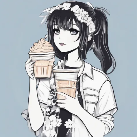 1girl, loli, chibi, simple background, white background, full body, denim shorts, white tshirt, sunglasses in head, holding a cup of milkshake, black hair, straight hair, swept bangs,