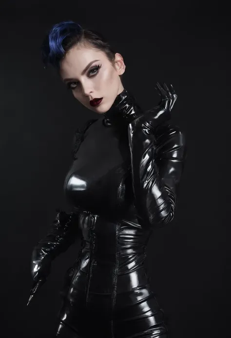 Woman dressed in full latex suit posing for a photo in a dark studio, fetish fashion, goth make-up, darksynth aesthetic, horror fashion, bizarre fashion, ultra detailed, masterpiece.