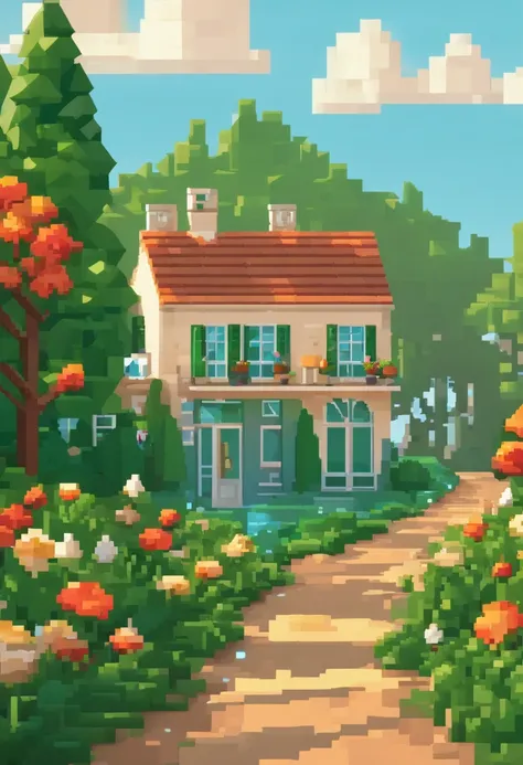 Sunny summer，Floral，green trees，Arte pixelada, bela arte detalhada do pixel, pixel art detalhado, Retro lo-fi video game, conceito de pixel art, arte detalhada do pixel, Estilo Pixelart, Cidade do Pixel, pixel art animation, pixel art de alta qualidade, Ne...