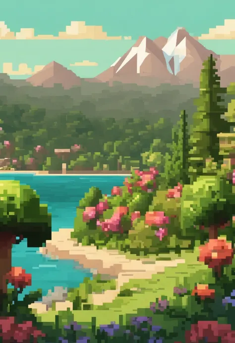 Sunny summer，Floral，green trees，Arte pixelada, bela arte detalhada do pixel, pixel art detalhado, Retro lo-fi video game, conceito de pixel art, arte detalhada do pixel, Estilo Pixelart, Cidade do Pixel, pixel art animation, pixel art de alta qualidade, Ne...