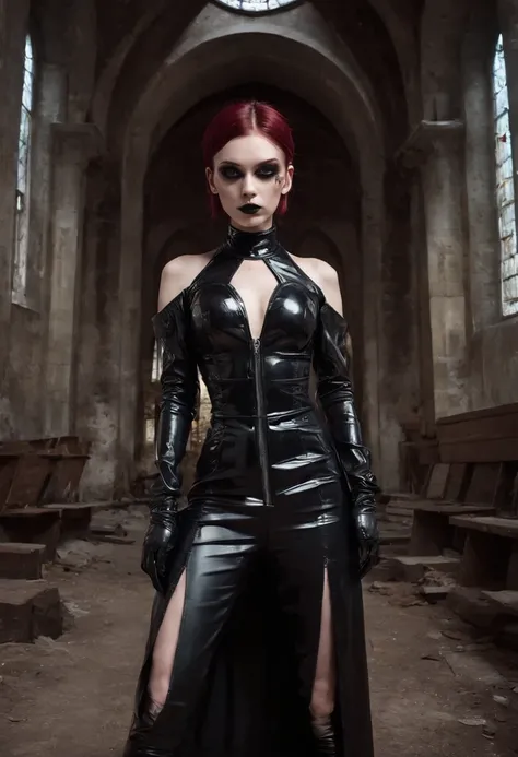 Woman dressed in latex posing for a photo in a dark abandoned church, fetish fashion, goth make-up, darksynth aesthetic, horror fashion, bizarre fashion, ultra detailed, masterpiece.