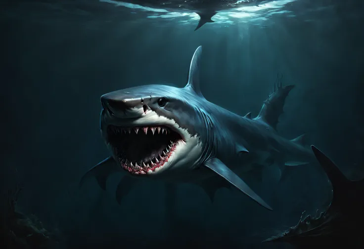 submerged shark, ripples , evil grin,  horror fantasy art,  fantasy horror art,  photorealistic dark concept art,  in style of d...