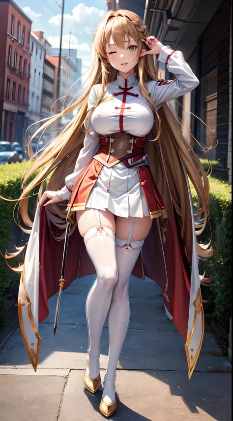 Asuna Yuki(Sword Art Online),master-piece,beste-Qualit,professional artwork, dynamic angle,Cute Girl,Long golden brown hair,braid,Brown eyes,detailed eyes,One Eye Closed,White steel neck strap,Erotic facial expressions,bare breasts,huge breast,,White long ...