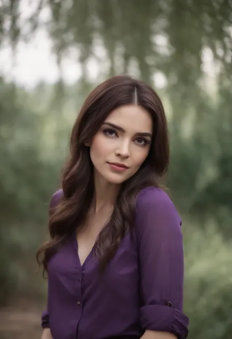 Full body,Brown and black locks of meduim hair,fangs,purple shirt